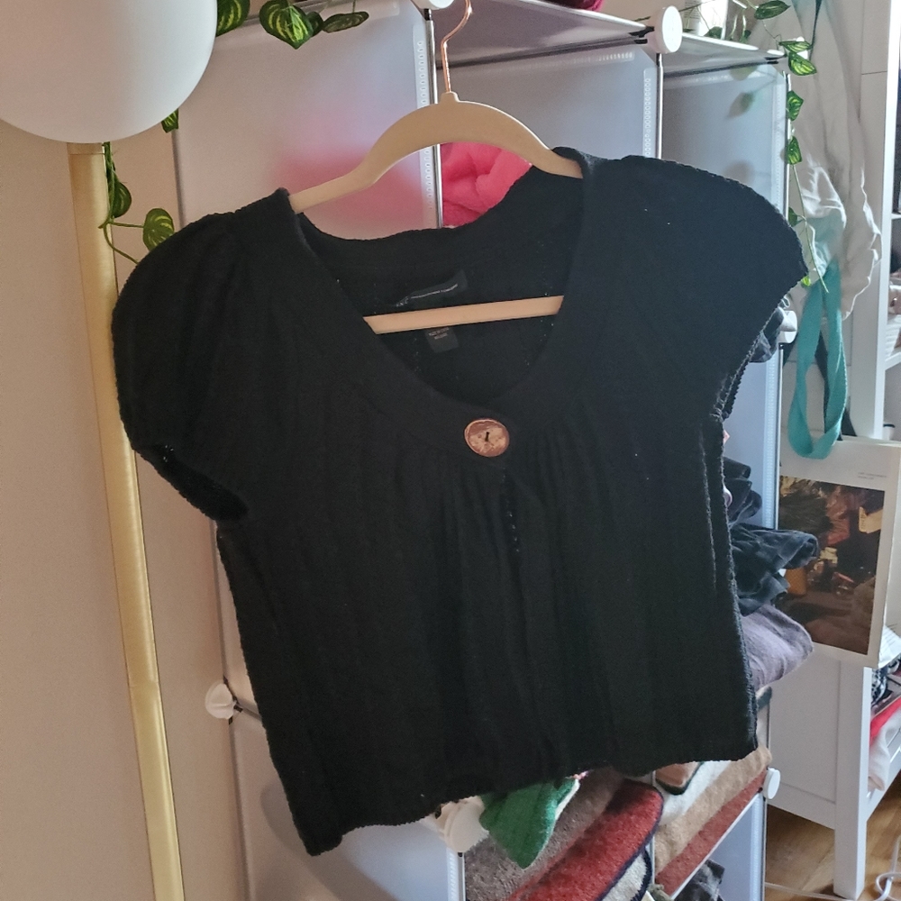 INC Black Cropped Knit Short Sleeve Cardigan